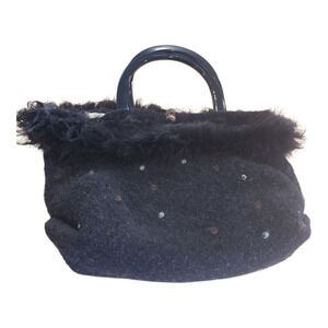 Vtg Felted Wool Purse Large Black faux Feathers Lined Virginia Rowan Rokholt bag